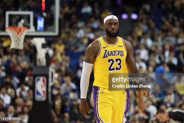 LeBron James of the Los Angeles Lakers reacts during a preseason game against the Brooklyn Nets as part of 2019 NBA Global Games China at...