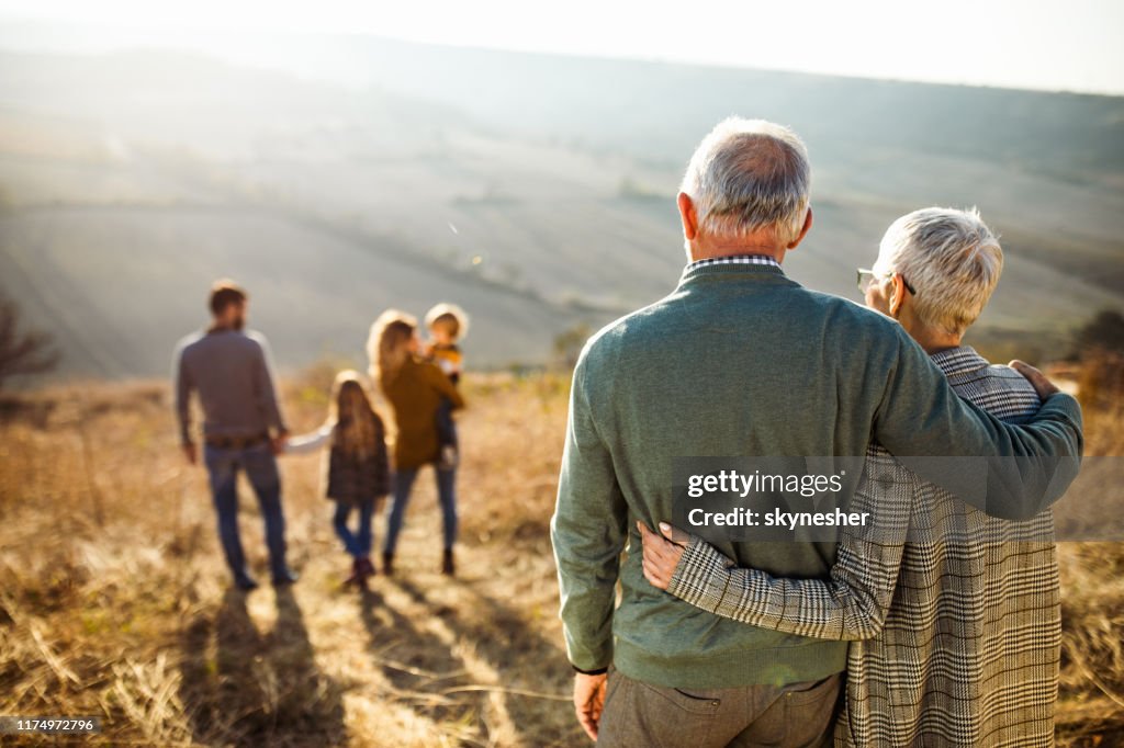 Vista trasera de la pareja de la tercera edad abrazada mirando a su familia en la naturaleza.