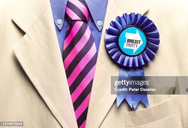 In this photo illustration, a Brexit Party rosette is worn shot on September 16, 2019 in London,England.