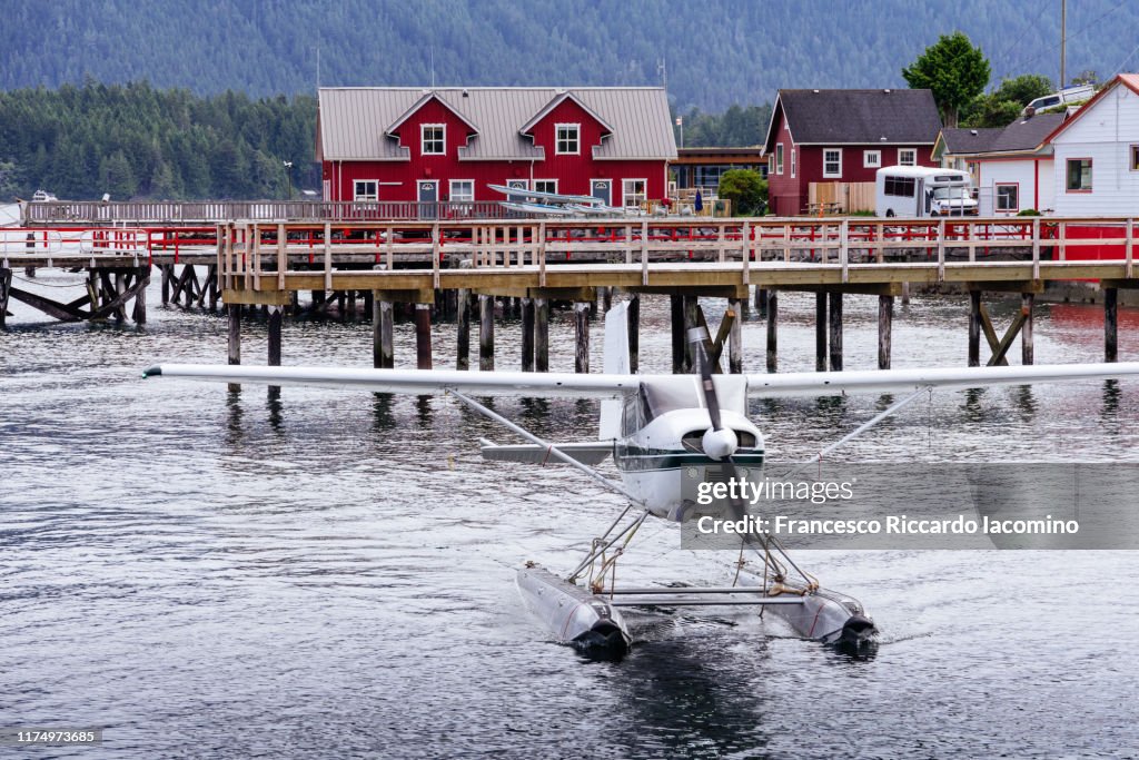 Tofino, seaplane and typical ocean houses. Vancouver Island, Canada