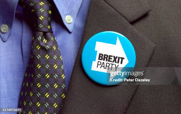 In this photo illustration, a Brexit Party badge is worn shot on September 16, 2019 in London,England.