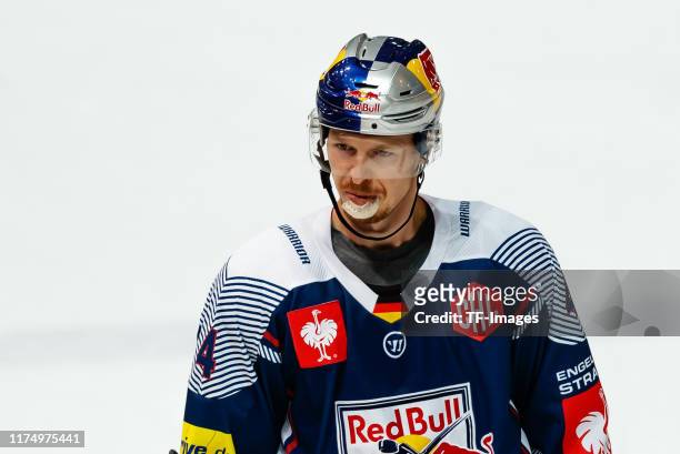 Robert Sanguinetti of EHC Red Bull Muenchen looks on during the match between EHC Red Bull Muenchen and Faerjestad Karlstad at Olympiaeishalle...