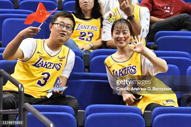 Fans attend a preseason game between the Los Angeles Lakers and the Brooklyn Nets as part of 2019 NBA Global Games China on October 10, 2019 at...