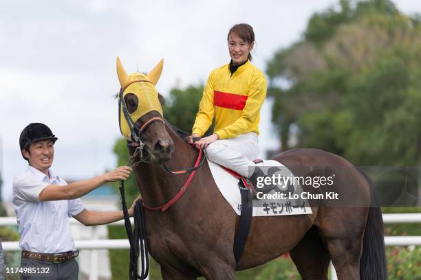 Jockey Nanako Fujita celebrates after Kimon Boy winning the Race 4 at Sapporo Racecourse on August 25, 2019 in Sapporo, Hokkaido, Japan.