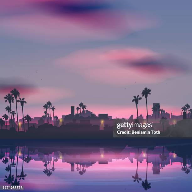 city skyline reflection in sea landscape with palm tree at night - quayside stock illustrations