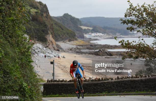 Fabian Rahn on the bike section of the race in IRONMAN Wales on on September 15, 2019 in Tenby, Wales.