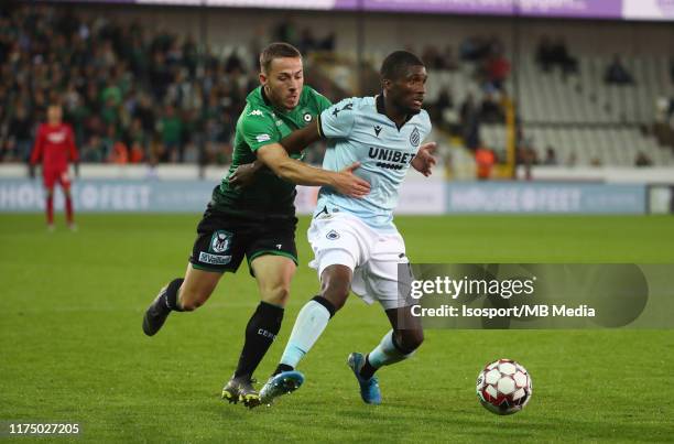 Kylian Hazard of Cercle battles for the ball with Clinton Mata of Club Brugge during the Jupiler Pro League match between Cercle Brugge and Club...