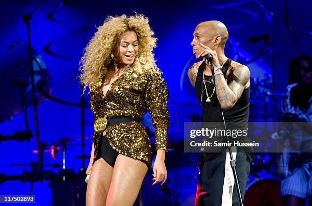 Beyonce is joined by Tricky as she headlines the Pyramid Stage at the Glastonbury Festival at Worthy Farm, Pilton on June 26, 2011 in Glastonbury,...