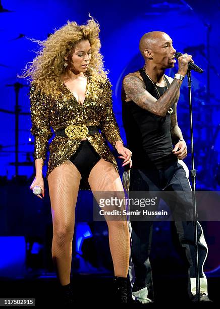 Beyonce is joined by Tricky as she headlines the Pyramid Stage at the Glastonbury Festival at Worthy Farm, Pilton on June 26, 2011 in Glastonbury,...