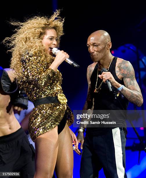 Beyonce is joined by Tricky as she headlines the Pyramid Stage at the Glastonbury Festival at Worthy Farm, Pilton on June 26, 2011 in Glastonbury,...