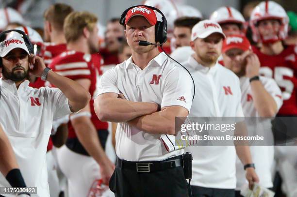 Head coach Scott Frost of the Nebraska Cornhuskers watches action against the Northern Illinois Huskies at Memorial Stadium on September 14, 2019 in...