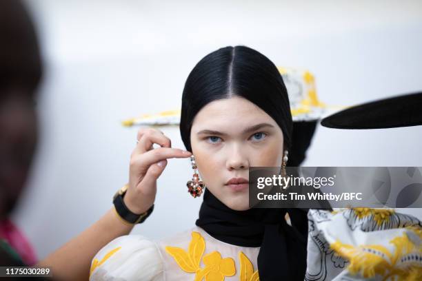 Model backstage ahead of the Erdem show during London Fashion Week September 2019 on September 16, 2019 in London, England.