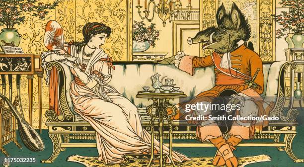 Illustration of a scene from the book "Beauty and the Beast" featuring Beauty and the Beast sitting at a table in the salon having tea and talking,...