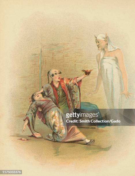 Illustration of a scene from the book "The Arabian Nights" featuring Aladdin holding his mother's fainted body and looking in amazement at the genie...