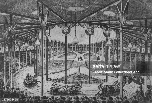 Monochrome illustration of the interior view of Phineas Taylor Barnum's Great Roman Hippodrome in Madison Square Garden, New York City, featuring...