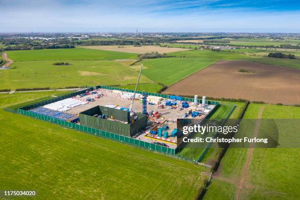 An aerial view of the Cuadrilla shale gas extraction site at Preston New Road, near Blackpool on September 16, 2019 in Preston, England. Operations...