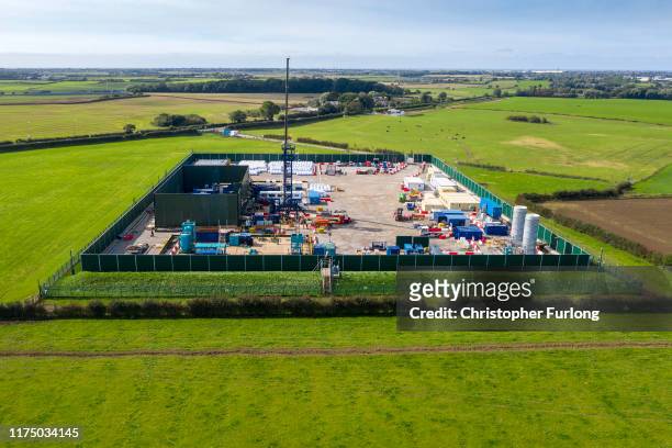 An aerial view of the Cuadrilla shale gas extraction site at Preston New Road, near Blackpool on September 16, 2019 in Preston, England. Operations...
