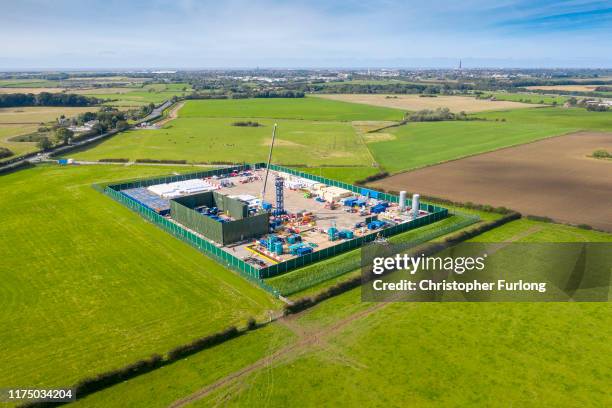 An aerial view of the Cuadrilla shale gas extraction site at Preston New Road, near Blackpool on September 16, 2019 in Preston, England. Operations...