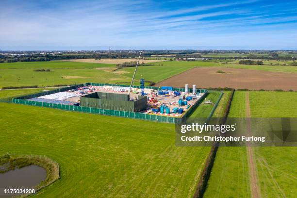 An aerial view of the Cuadrilla shale gas extraction site at Preston New Road, near Blackpool on September 16, 2019 in Preston, England. Operations...