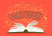 Portugues.  Open book with language hand drawn doodles.