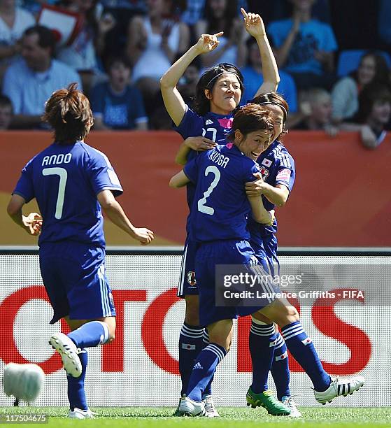 Yuki Nagasato of Japan celebrates the first goal with Yukari Kinga during the FIFA Women's World Cup 2011 match between Japan and New Zealand at the...