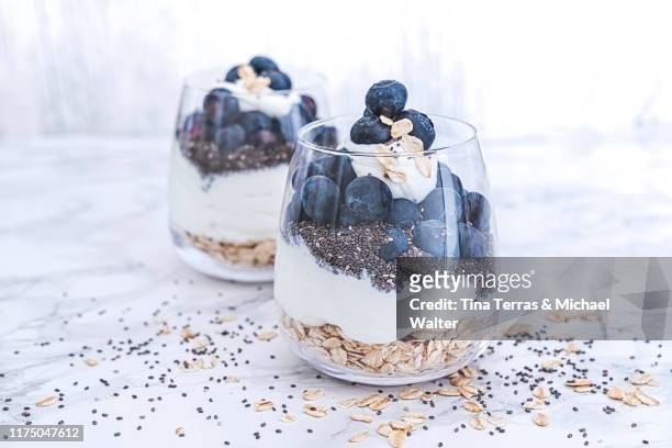 muesli with oatmeal, chia seeds, blueberries and quark in a glass on bright background. - chiasamen stock-fotos und bilder