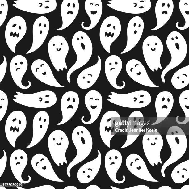 seamless ghost illustrations pattern with black background - surprise icon stock illustrations