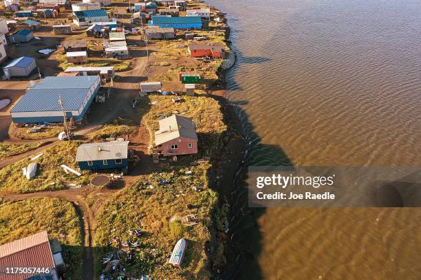 An aerial view from a drone shows how close some of the homes are to the lagoon on September 13, 2019 in Kivalina, Alaska. Kivalina, which is at the...