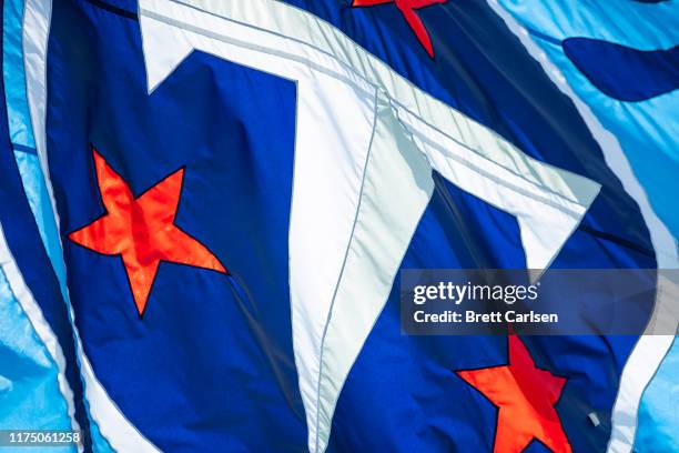 Detail view of Tennessee Titans logo on a flag waived by cheerleaders during the game against the Indianapolis Colts at Nissan Stadium on September...