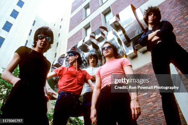 The Cars outside City Hall Plaza July 7, 1978 in Boston MA. David Robinson, Rick Ocasek, Greg Hawkes, Benjamin Orr, Elliot Easton