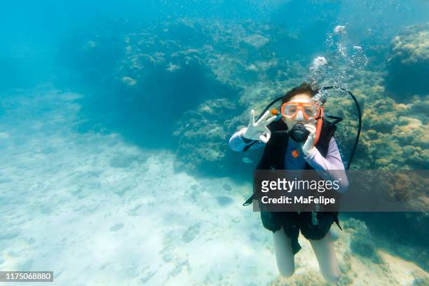 jong meisje geven een ok teken tijdens het duiken in maragogi, alagoas, noordoostelijke brazilië - scuba diving girl stockfoto's en -beelden