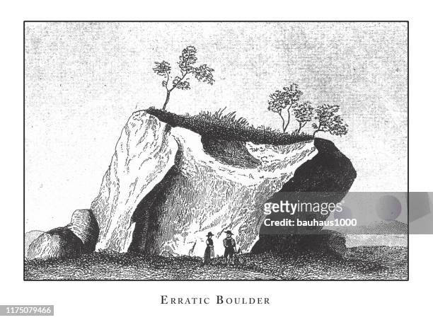 erratic boulder, special geognosy engraving antique illustration, published 1851 - rock salt stock illustrations