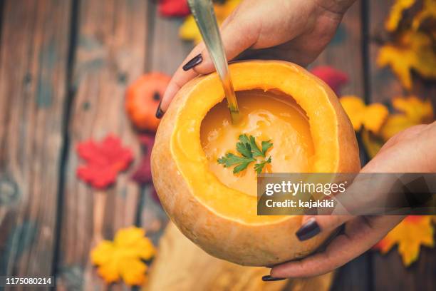 hausgemachte kürbissuppe - pumpkin soup stock-fotos und bilder