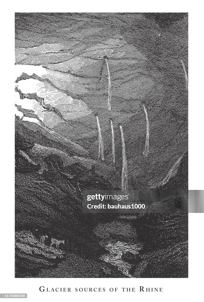 Glacier Sources of the Rhine, Notable Geological Formations Engraving Antique Illustration, Published 1851
