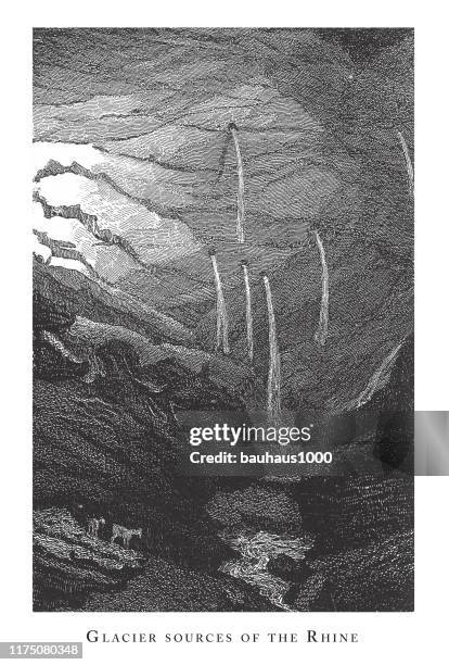 glacier sources of the rhine, notable geological formations engraving antique illustration, published 1851 - glacier cave stock illustrations