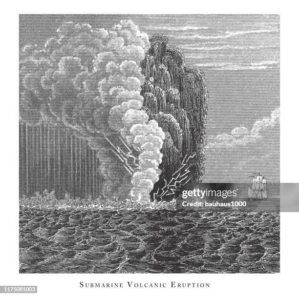 ilustraciones, imágenes clip art, dibujos animados e iconos de stock de erupción volcánica submarina, volcanes, géiseres y cataratas de agua grabado ilustración antigua, publicado en 1851 - volcán submarino