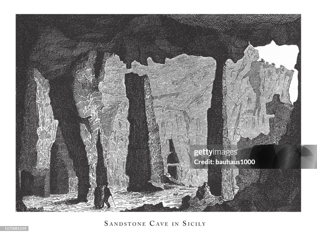 Cueva de arenisca en Sicilia, Cuevas, Icebergs, Lava y Formaciones de Roca Grabado Ilustración Antigua, Publicado 1851