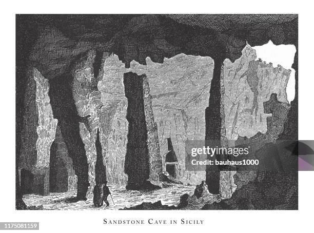 sandstone cave in sicily, caves, icebergs, lava and rock formations engraving antique illustration, published 1851 - sandstone stock illustrations