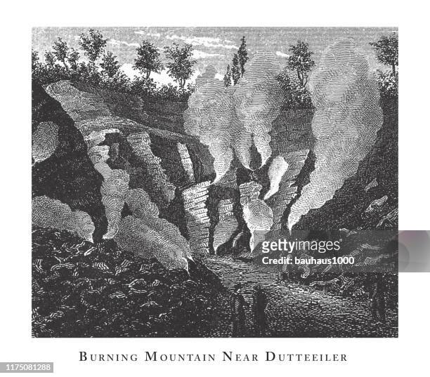 burning mountain near dutteeiler, caves, icebergs, lava and rock formations engraving antique illustration, published 1851 - basalt stock illustrations