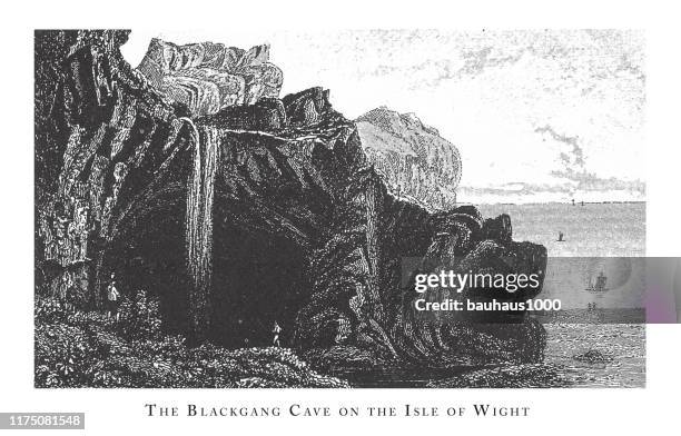 ワイト島のブラックギャング洞窟、森林、湖、洞窟、珍しい岩の形成彫刻アンティークイラスト、1851年公開 - basalt点のイラスト素材／クリップアート素材／マンガ素材／アイコン素材