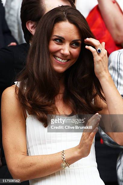 Catherine, Duchess of Cambridge attends the fourth round match between Tsvetana Pironkova of Bulgaria and Venus Williams of the United States on Day...