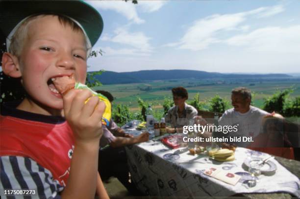 Boy eating cervelat sausage