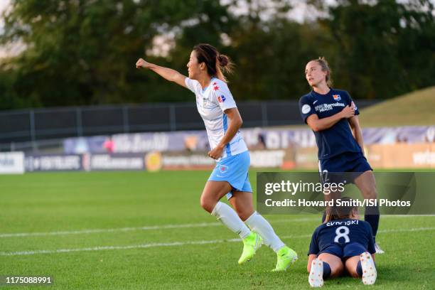 Yuki Nagasato of the Chicago Red Stars celebrates scoring during a game between Chicago Red Stars and Sky Blue FC at Yurcak Field Rutgers University...