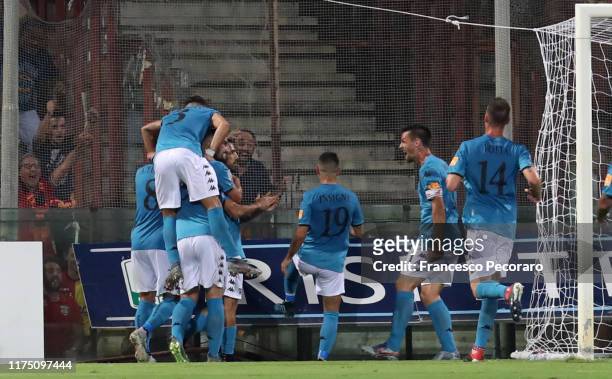 Marco Sau of Benevento Calcio celebrates after scoring the 2-0 goal, during the Serie B match between Salernitana and Benevento Calcio at Stadio...