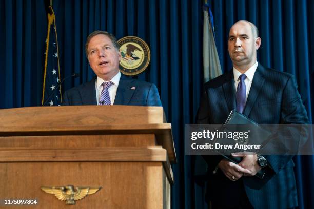 Geoffrey Berman, U.S. Attorney for the Southern District of New York, speaks as William F. Sweeney, assistant director-in-charge of the New York...