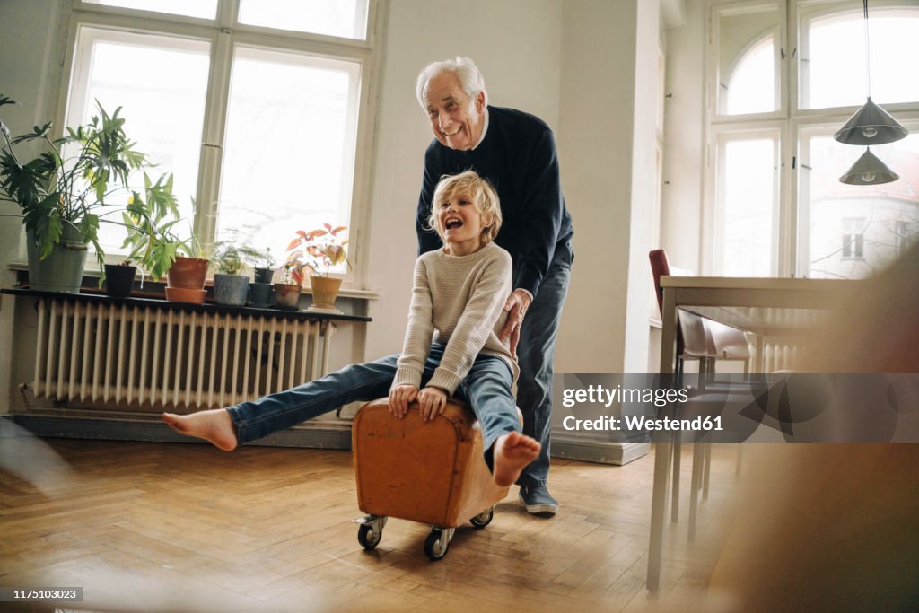 Happy grandfather and grandson playing with buck at home