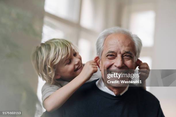 happy grandson pulling grandfather's ears at home - ohr stock-fotos und bilder