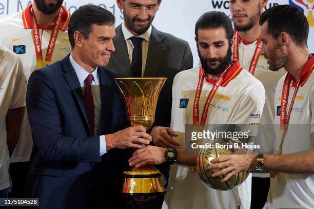 President of Spain, Pedro Sanchez, Ricky Rubio and Rudy Fernandez during a reception for the FIBA Basketball World Cup winning Spanish National Team...