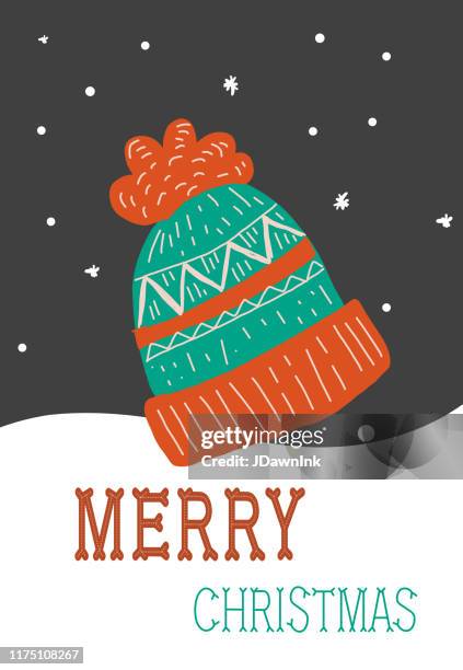 stockillustraties, clipart, cartoons en iconen met kleurrijke hand getrokken merry christmas vakantie wenskaart met gebreide muts - traditionele koksmuts