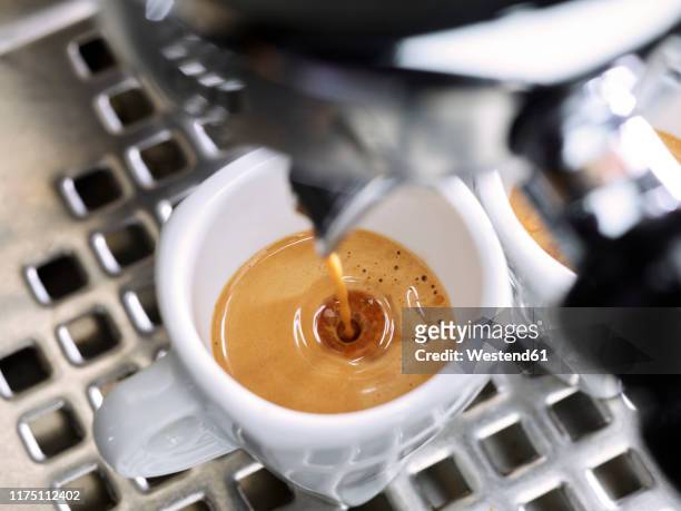 espresso flowing into an espresso cup - coffee maker - fotografias e filmes do acervo